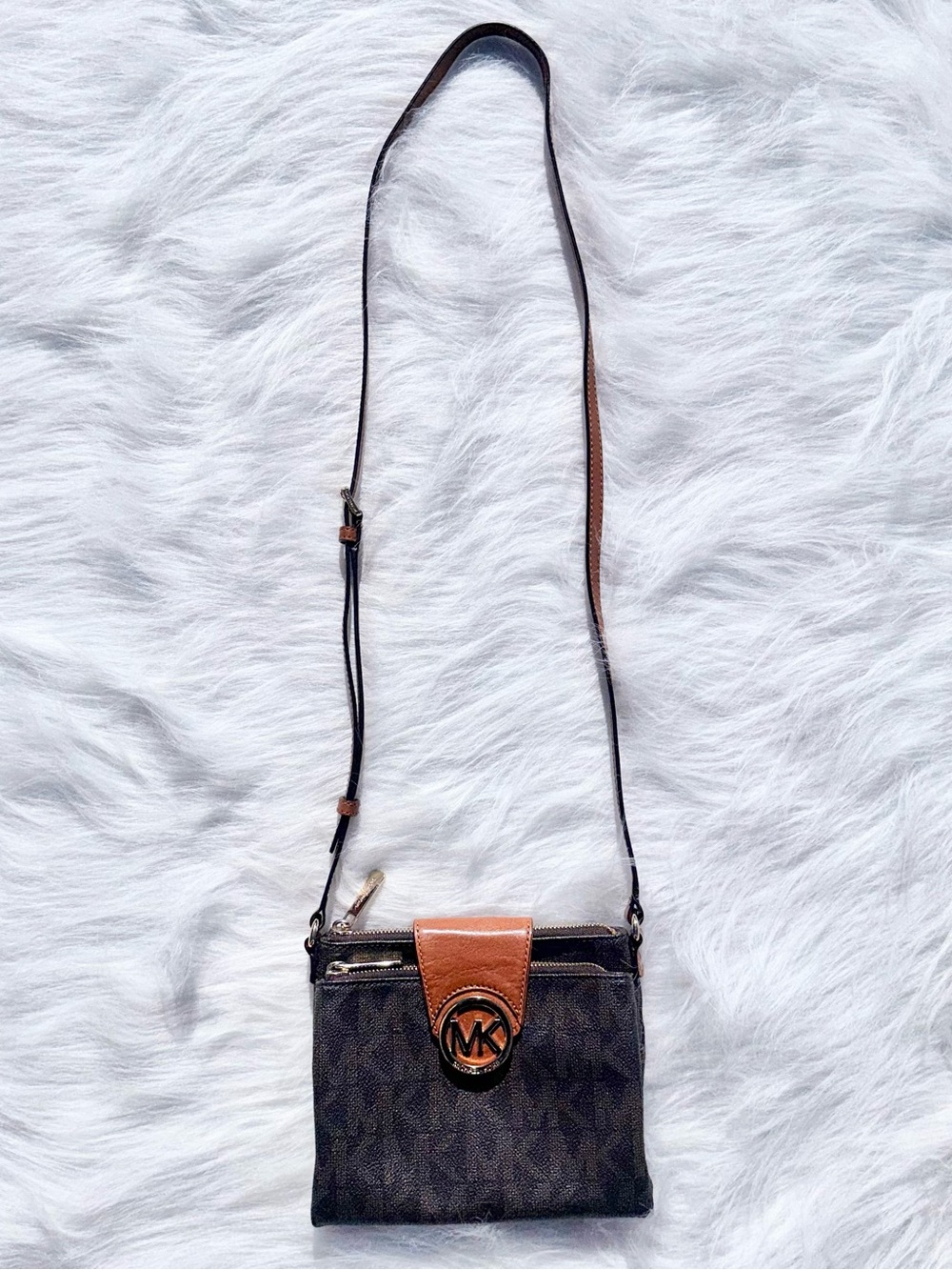 Michael Kors Fulton Small Crossbody Bag Signature Brown MK Logo - Excellent Cond